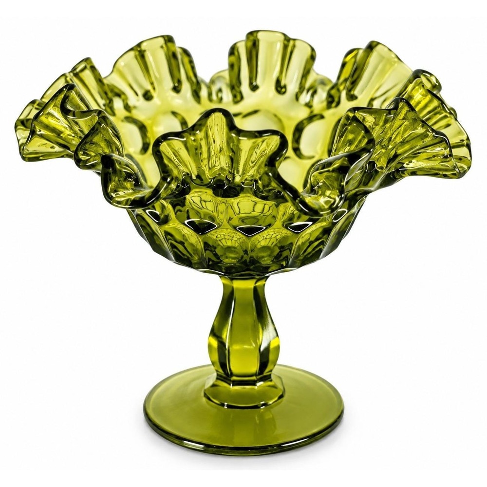 Vintage Fenton Colonial Green Thumbprint Ruffled Compote Pedestal Candy Dish